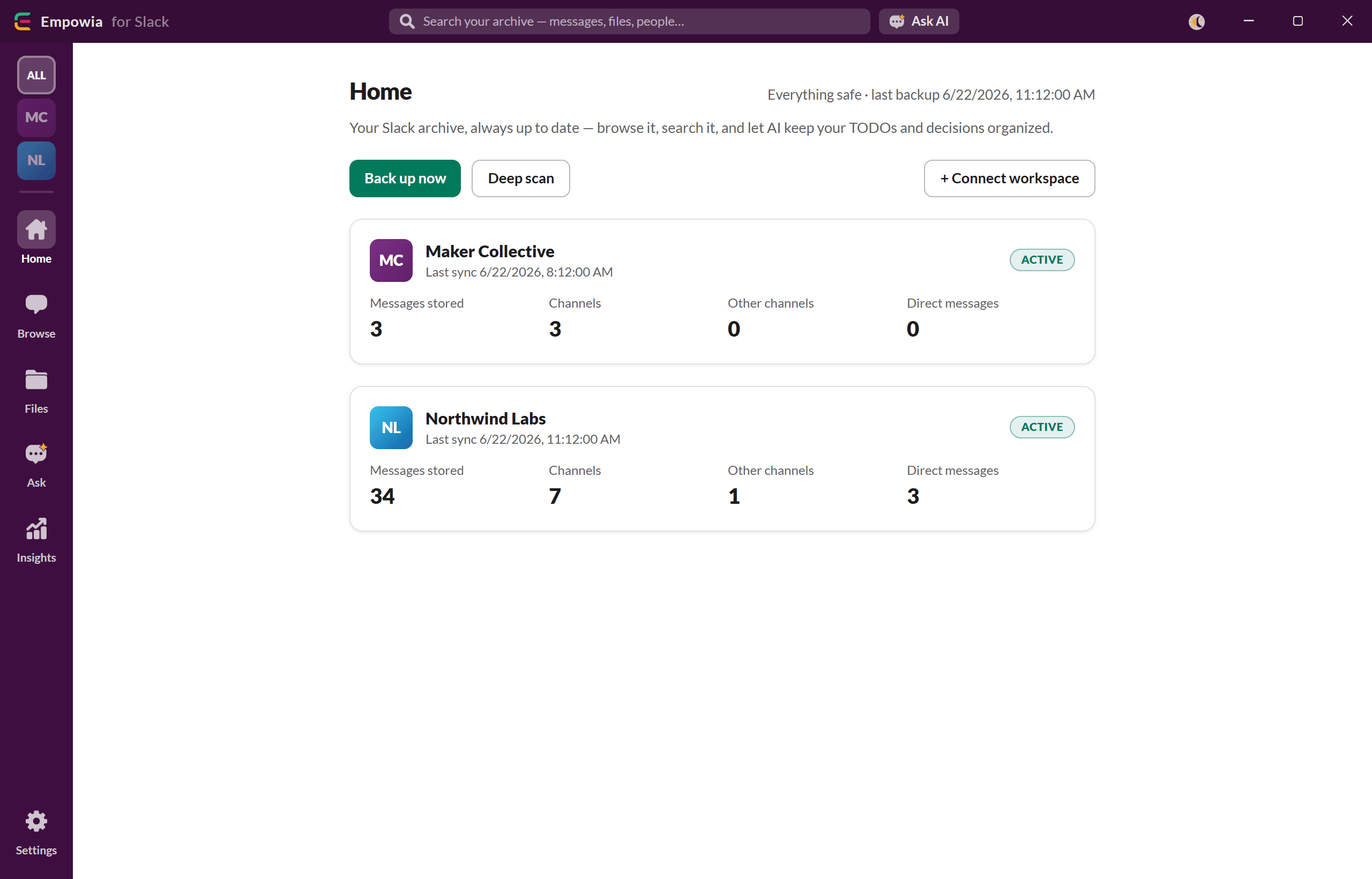 Empowia home dashboard with per-workspace backup cards