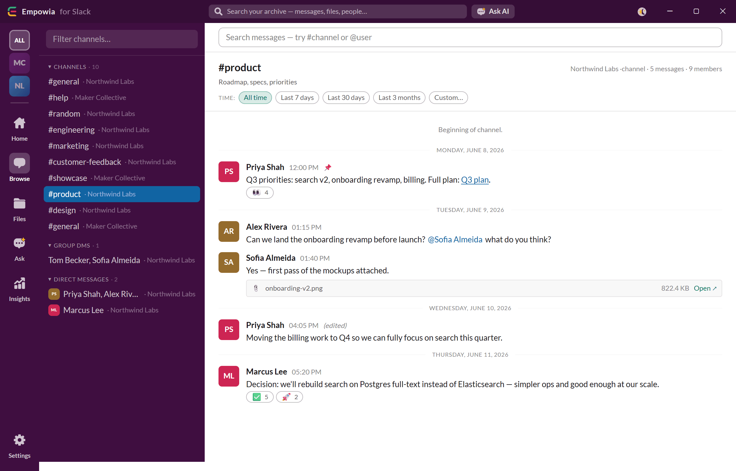 Two-pane Slack-style browser showing channels and messages